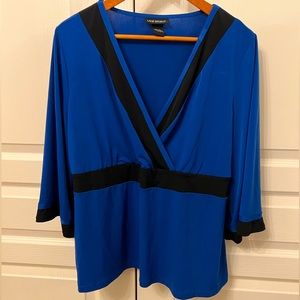 14/16 Lane Bryant Plus Size Faux Wrap Top in Royal Blue & Black Trim 3/4 sleeve